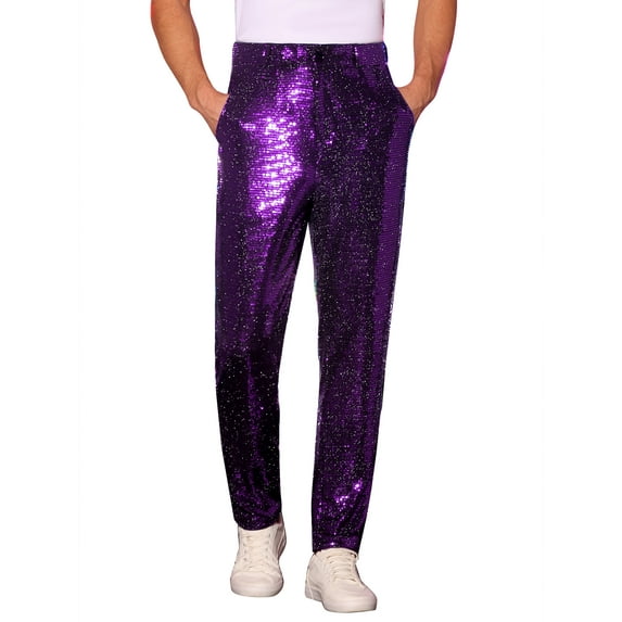 INSPIRE CHIC Sequins Pants for Men's Party Disco Shiny Straight Leg Trousers 28 Purple