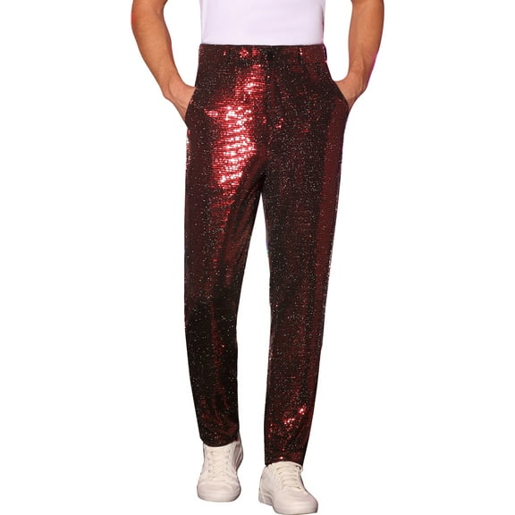 INSPIRE CHIC Sequins Pants for Men's Party Disco Shiny Straight Leg Trousers 28 Red