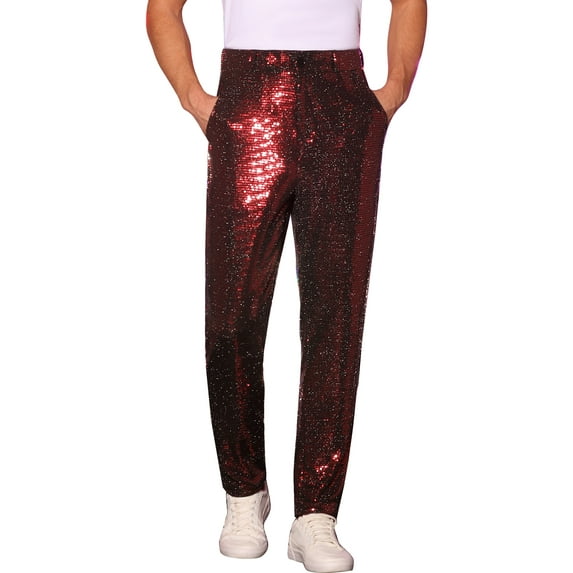 INSPIRE CHIC Sequins Pants for Men's Party Disco Shiny Straight Leg Trousers 30 Red