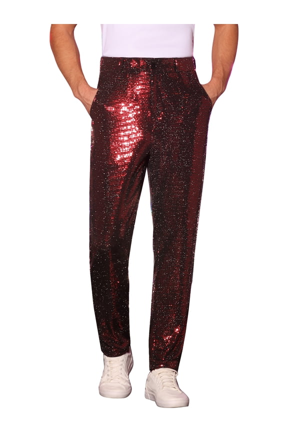 Sequins Pants for Men's Party Disco Shiny Straight Leg Trousers 28 Red