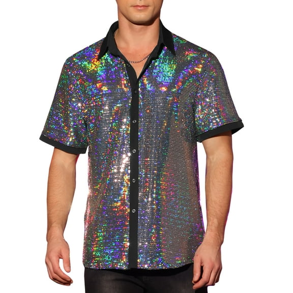 INSPIRE CHIC Men's Sequin Party Shirt Contrasting Color Short Sleeve Button Down Top M Silver