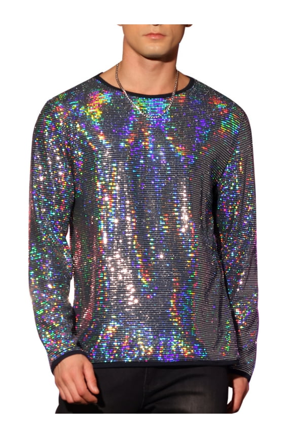 Men's T-Shirts Sparkling Sequin Crew Neck Long Sleeve Regular Fit Top 2XL Silver
