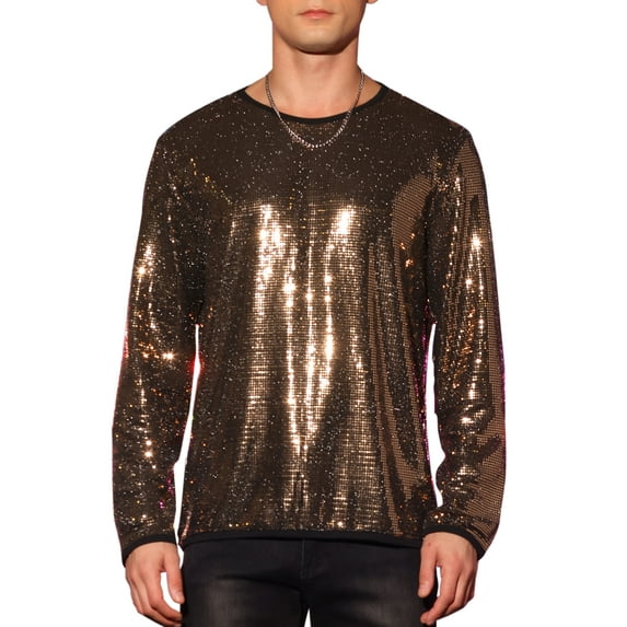 INSPIRE CHIC Men's T-Shirts Sparkling Sequin Crew Neck Long Sleeve Regular Fit Top L Golden