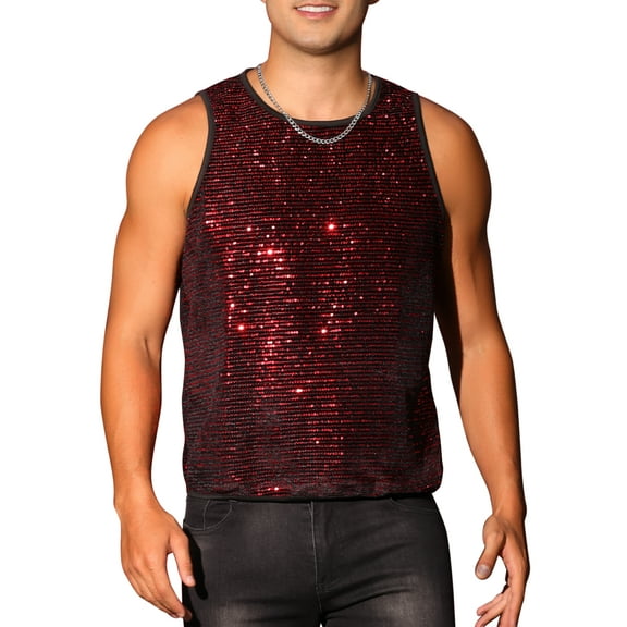 INSPIRE CHIC Sequins Tank Top for Men's Crew Neck Sleeveless Party Vests M Red