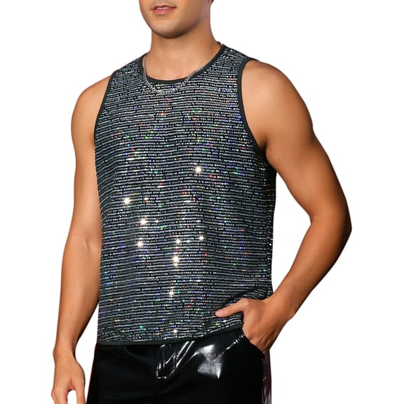 INSPIRE CHIC Sequins Tank Top for Men's Crew Neck Sleeveless Party Vests M Silver