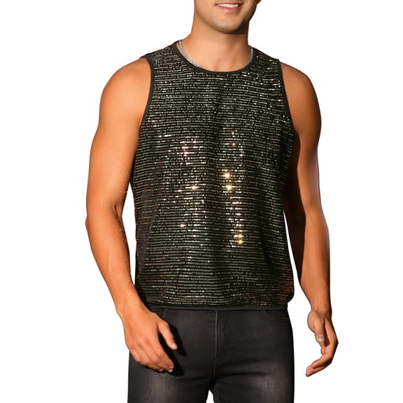 INSPIRE CHIC Sequins Tank Top for Men's Crew Neck Sleeveless Party Vests XL Bright Golden
