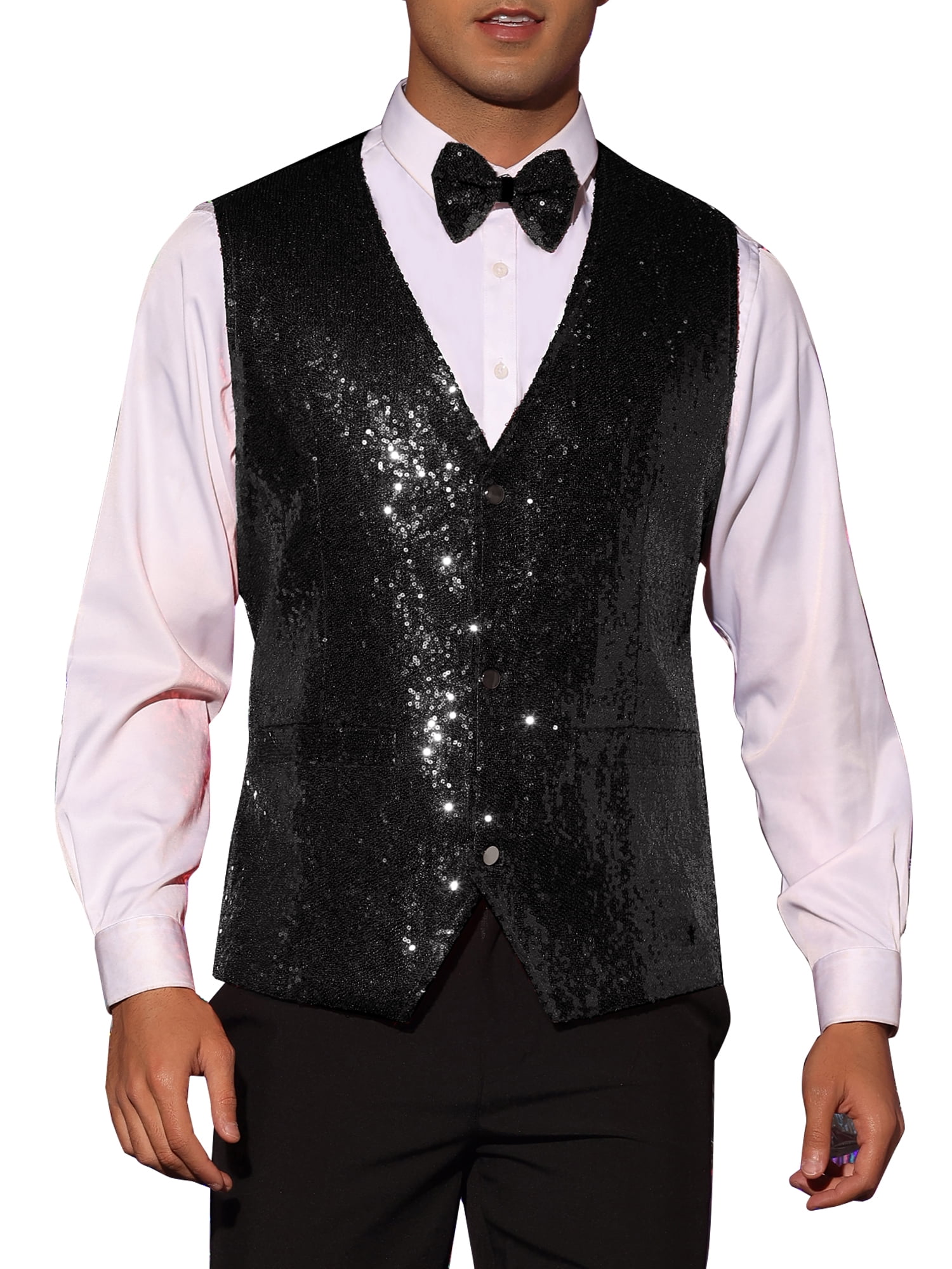 Unique Bargains Men's Disco Shiny Sequin Vest Suit Waistcoat
