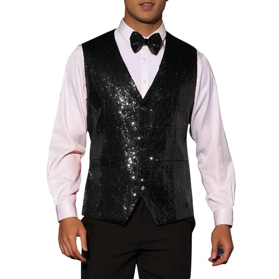 INSPIRE CHIC Sequins Vest for Men's V-Neck Slim Fit Shiny Disco Party Sleeveless Waistcoat Bowtie S Black