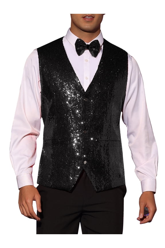 Sequins Vest for Men's V-Neck Slim Fit Shiny Disco Party Sleeveless Waistcoat Bowtie S Black