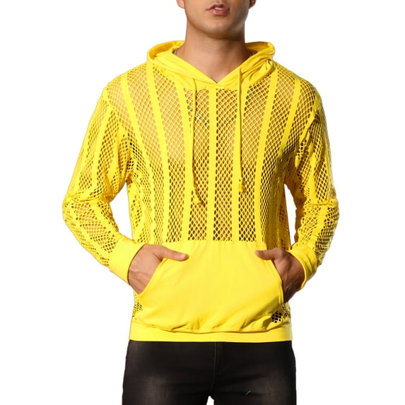 INSPIRE CHIC Sheer Mesh Hoodies for Men's Long Sleeves See Through Striped Pullover Tee Shirts