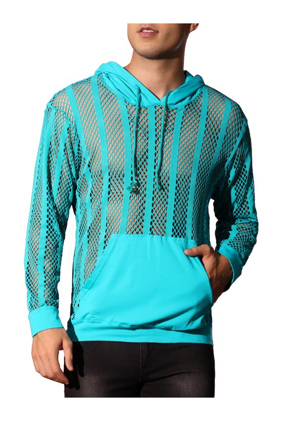 Sheer Mesh Hoodies for Men's Long Sleeves See Through Striped Pullover Tee Shirts