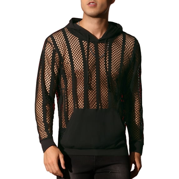 INSPIRE CHIC Sheer Mesh Hoodies for Men's Long Sleeves See Through Striped Pullover Tee Shirts