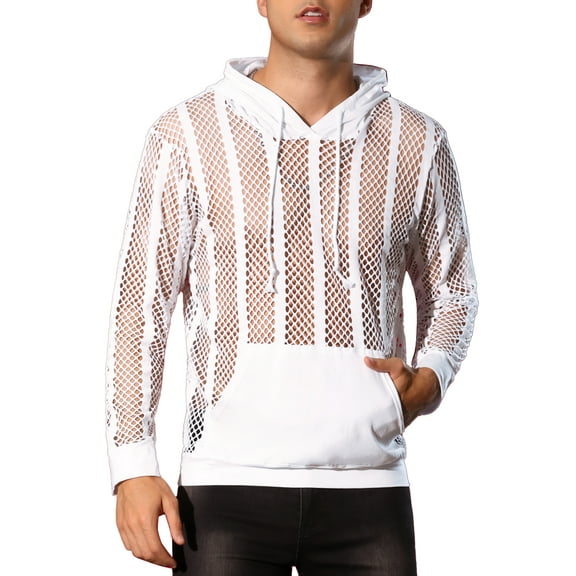 INSPIRE CHIC Sheer Mesh Hoodies for Men's Long Sleeves See Through Striped Pullover Tee Shirts