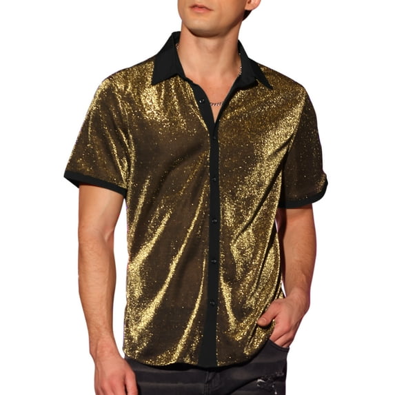 INSPIRE CHIC Sheer Mesh Shirts for Men's See Through Short Sleeves Party Disco Shiny Metallic Shirts XL Golden