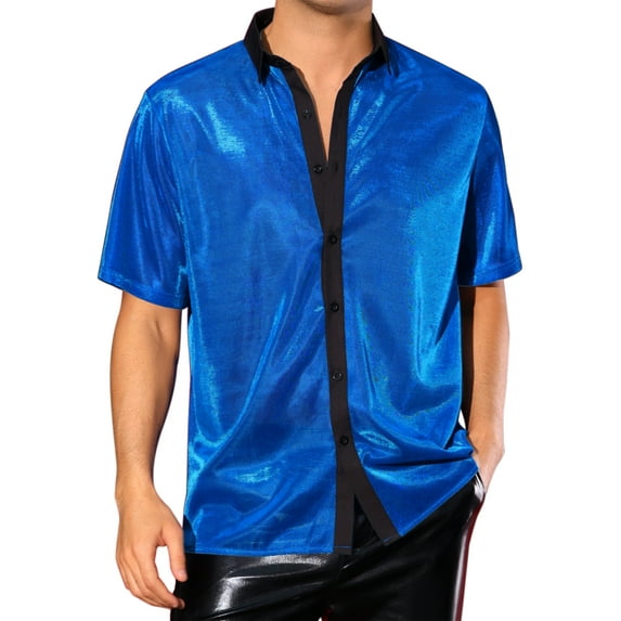INSPIRE CHIC Sheer Mesh Shirts for Men's See Through Short Sleeves Party Disco Shiny Metallic Shirts 2XL Blue