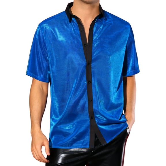 INSPIRE CHIC Sheer Mesh Shirts for Men's See Through Short Sleeves Party Disco Shiny Metallic Shirts XL Blue