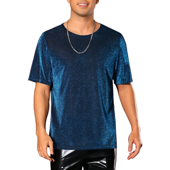 INSPIRE CHIC Sheer Mesh T-Shirts for Men's Short Sleeves Tee Shiny Metallic Glitter T-Shirt 2XL Blue