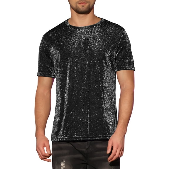 INSPIRE CHIC Sheer Mesh T-Shirts for Men's Short Sleeves Tee Shiny Metallic Glitter T-Shirt S Black