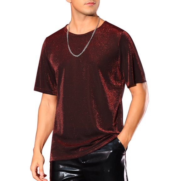 INSPIRE CHIC Sheer Mesh T-Shirts for Men's Short Sleeves Tee Shiny Metallic Glitter T-Shirt S Red