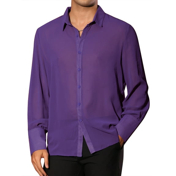 INSPIRE CHIC Men's Shirts Sheer Button Down Long Sleeve Party Shirt XL Purple