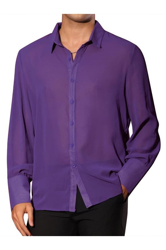 Men's Shirts Sheer Button Down Long Sleeve Party Shirt XL Purple
