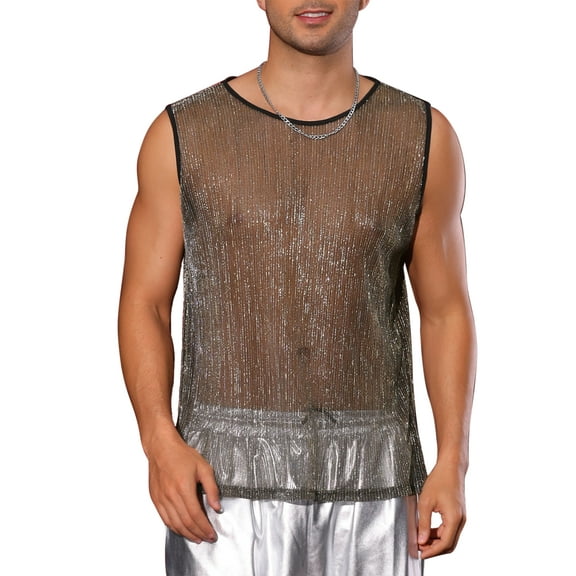 INSPIRE CHIC Shining Tank Top Men's Party Round Neck Sheer See Through Glitter Sparky Vest T-Shirt XL Golden Silver