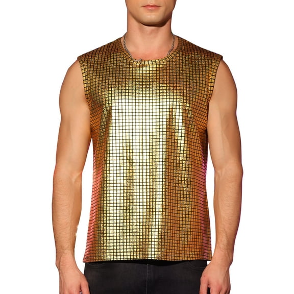INSPIRE CHIC Metallic Tank Top for Men's Sleeveless Party Club Shining Vest 2XL Golden