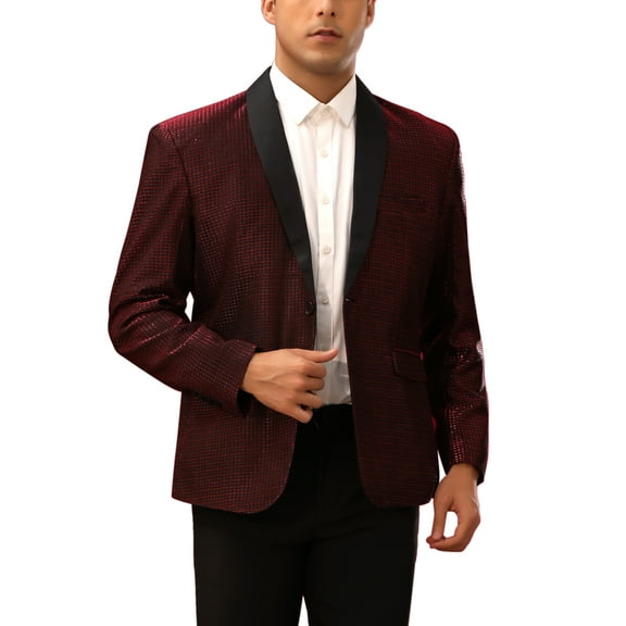 INSPIRE CHIC Shiny Blazers for Men's Shawl Lapel Wedding Prom Sport Coats XL Burgundy
