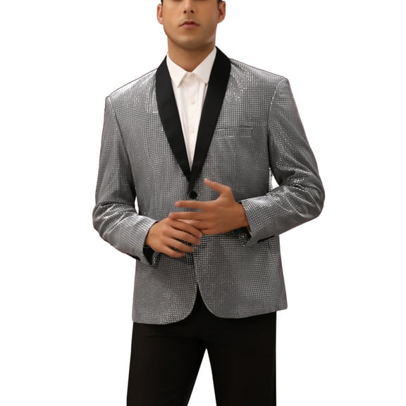 INSPIRE CHIC Shiny Blazers for Men's Shawl Lapel Wedding Prom Sport Coats XL Silver