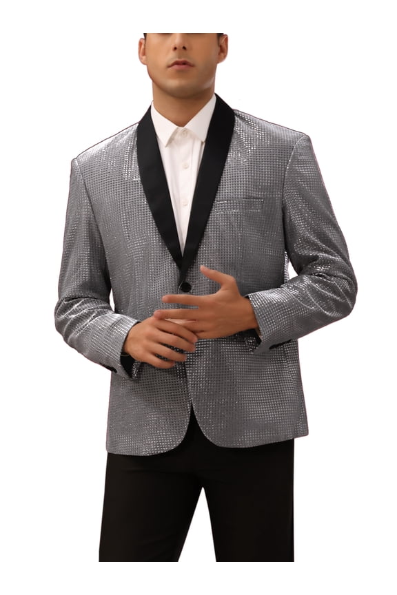 Shiny Blazers for Men's Shawl Lapel Wedding Prom Sport Coats XL Silver