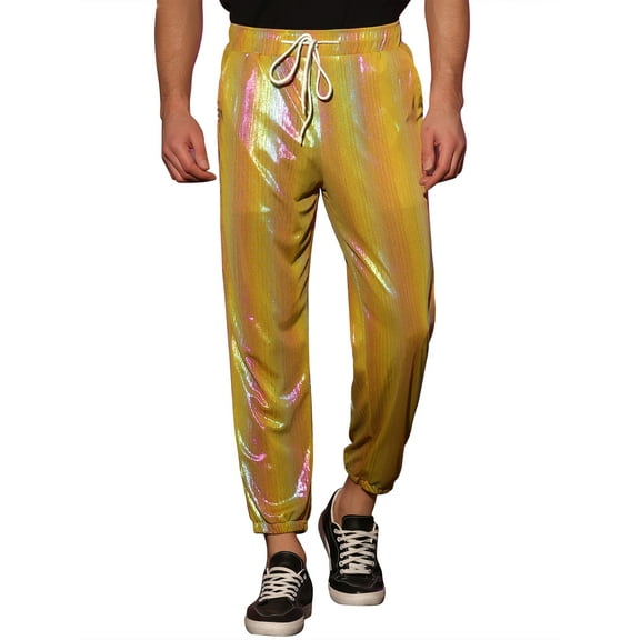 INSPIRE CHIC Shiny Drawstring Jogger for Men's Metallic Sweat Pants Party Sparkle Pants 32 Golden