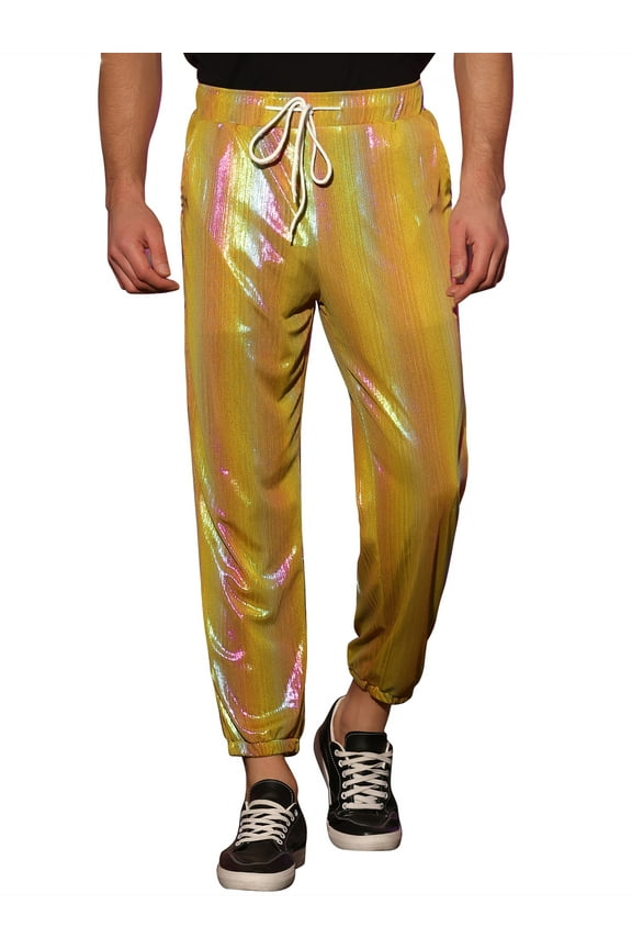 Shiny Drawstring Jogger for Men's Metallic Sweat Pants Party Sparkle Pants 34 Golden