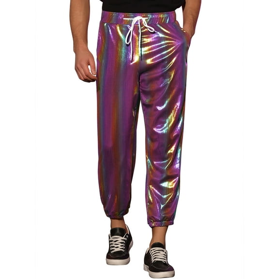 INSPIRE CHIC Shiny Drawstring Jogger for Men's Metallic Sweat Pants Party Sparkle Pants 32 Rainbow