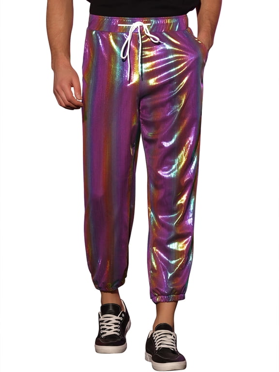 Shiny Drawstring Jogger for Men's Metallic Sweat Pants Party Sparkle Pants 30 Rainbow