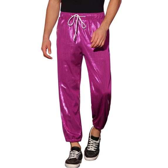 INSPIRE CHIC Shiny Metallic Joggers for Men's Drawstring Waist Party Disco Sparkle Trousers Rose Red 34