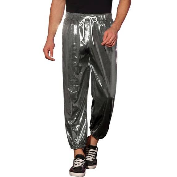 INSPIRE CHIC Shiny Metallic Joggers for Men's Drawstring Waist Party Disco Sparkle Trousers Silver 32