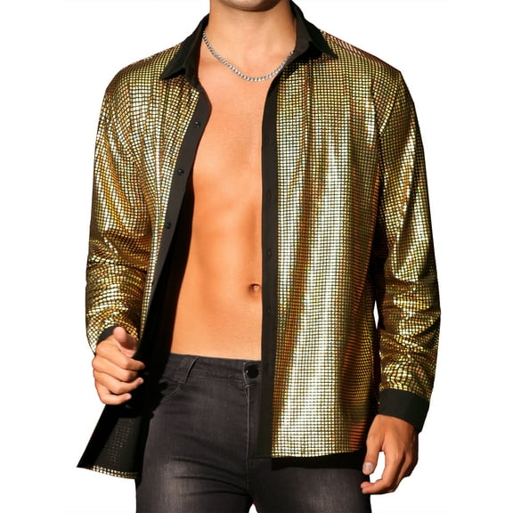 Lars Amadeus Shiny Metallic Shirts for Men's Long Sleeves Glitter Party Disco Collared Shirts M Golden