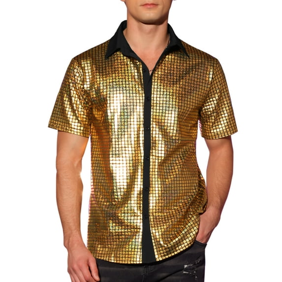 INSPIRE CHIC Shiny Metallic Shirts for Men's Short Sleeves Button Down Party Disco Shirts 2XL Golden