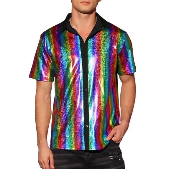 INSPIRE CHIC Shiny Metallic Shirts for Men's Short Sleeves Button Down Party Disco Shirts 2XL Rainbow