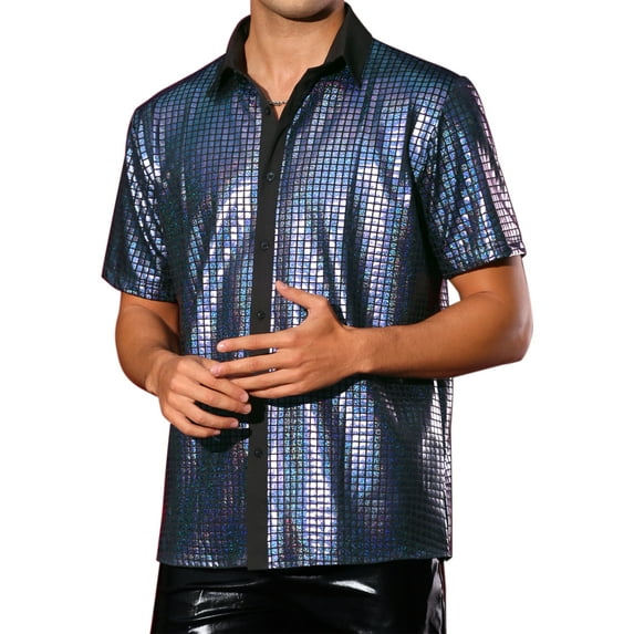 INSPIRE CHIC Shiny Metallic Shirts for Men's Short Sleeves Button Down Party Disco Shirts L Black