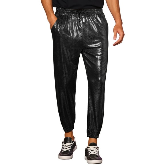 INSPIRE CHIC Shiny Pants for Men's Drawstring Waist Sparkly Costume Metallic Joggers Black 34