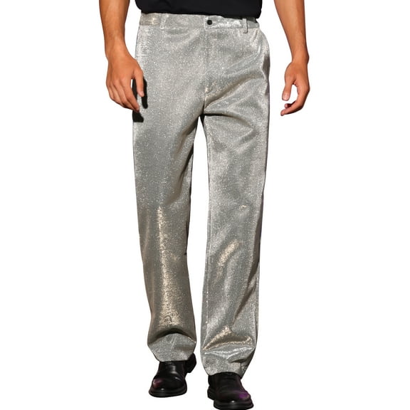 INSPIRE CHIC Shiny Pants for Men's Slim Fit Glitter Disco Party Dance Sparkly Slacks
