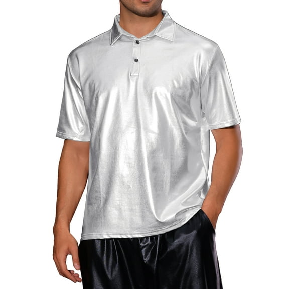 INSPIRE CHIC Shiny Polo Shirt for Men's Collar Neck Short Sleeves Sparkle Club Party T-Shirts