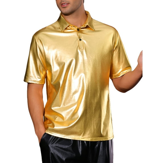 INSPIRE CHIC Shiny Polo Shirt for Men's Collar Neck Short Sleeves Sparkle Club Party T-Shirts