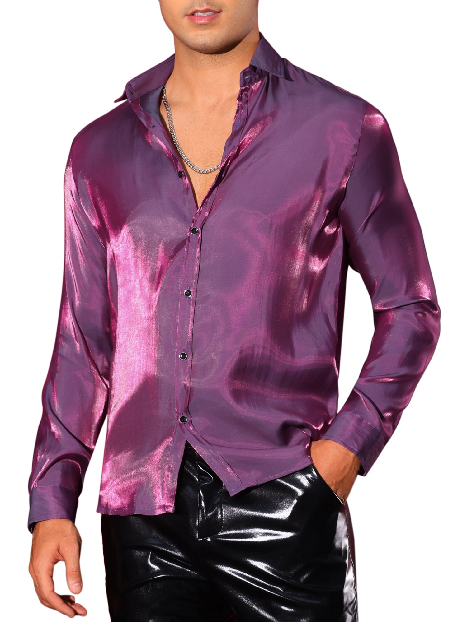 INSPIRE CHIC Shiny Satin Shirts for Men's Long Sleeves Button Down Prom ...
