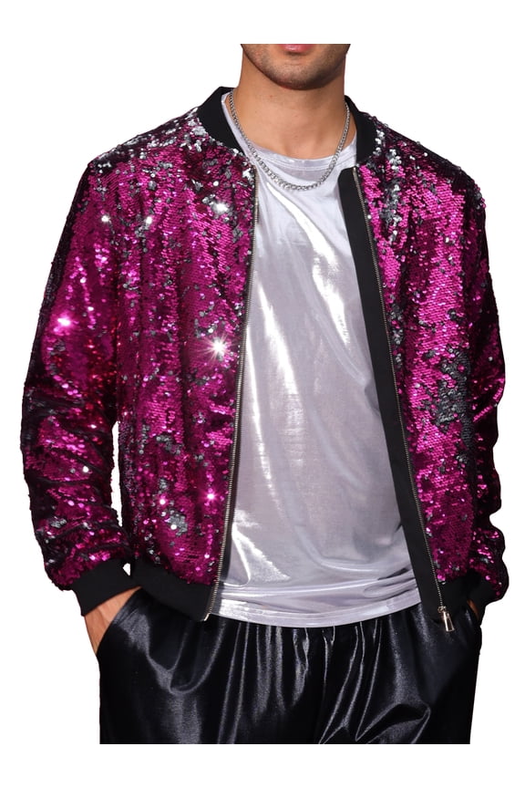 Shiny Sequin BomberJacket for Men's Zip Up Party Disco Metallic Varsity Jackets L Rose Red
