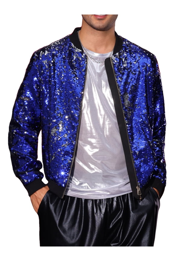 Shiny Sequin BomberJacket for Men's Zip Up Party Disco Metallic Varsity Jackets M Royal Blue