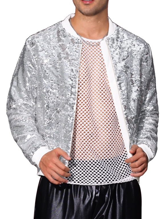 Shiny Sequin BomberJacket for Men's Zip Up Party Disco Metallic Varsity Jackets S Silver