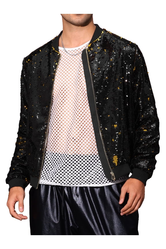 Shiny Sequin BomberJacket for Men's Zip Up Party Disco Metallic Varsity Jackets S Black