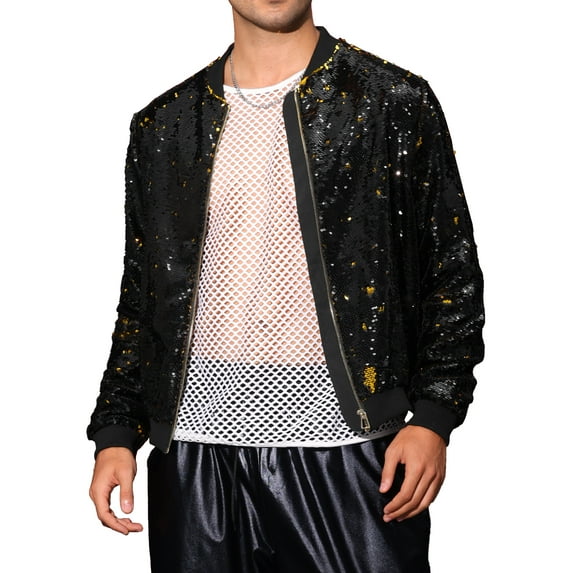 Shiny Sequin BomberJacket for Men's Zip Up Party Disco Metallic Varsity Jackets L Black